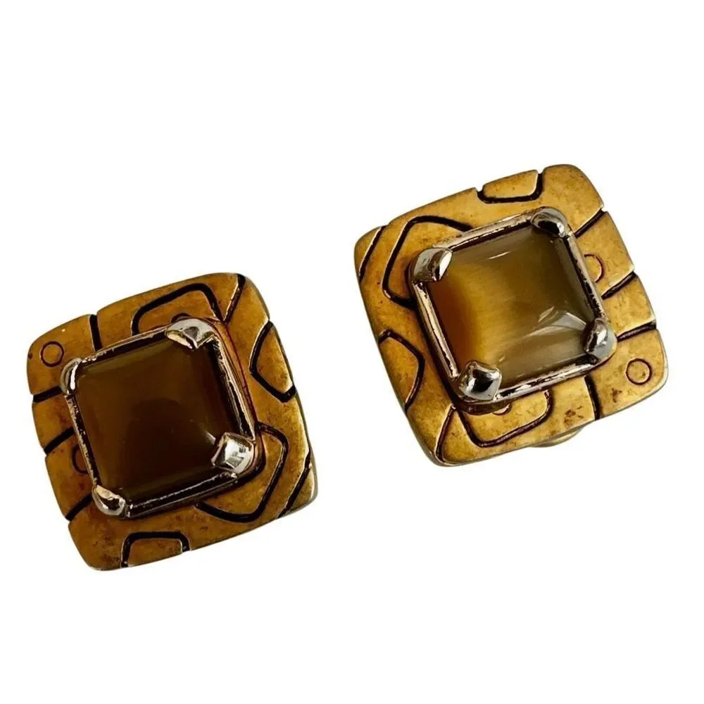 Gold Tone Square Earrings with Cat’s Eye Style Glass